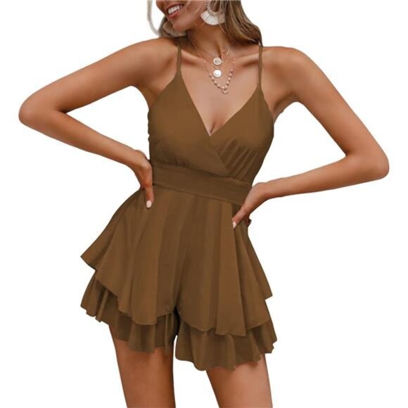 Womens V Neck Spaghetti Strap Ruffle Hem Chiffon Romper Boho Floral Mini  Jumpsuits & Rompers